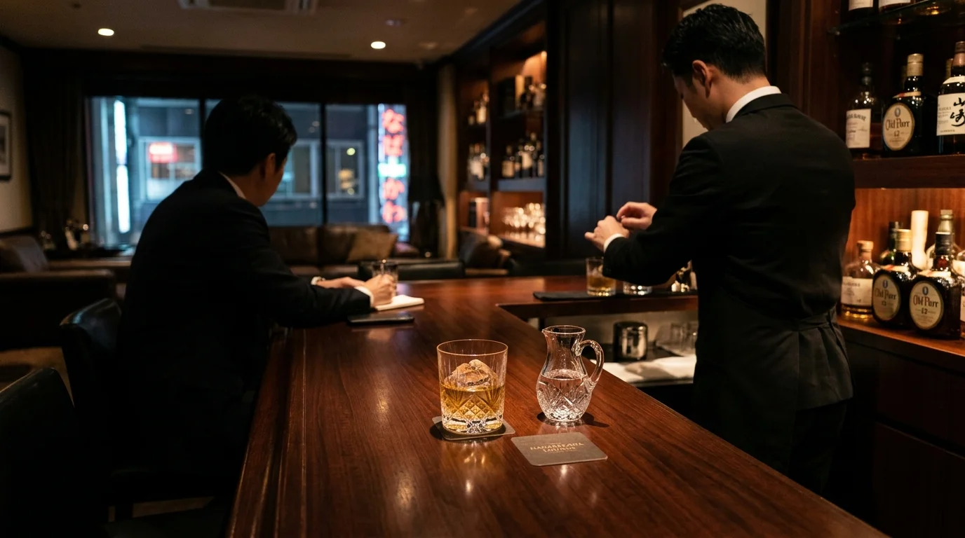 広島流川ラウンジグランクリュの落ち着いたカウンターで一人飲みを楽しむ出張ビジネスマン