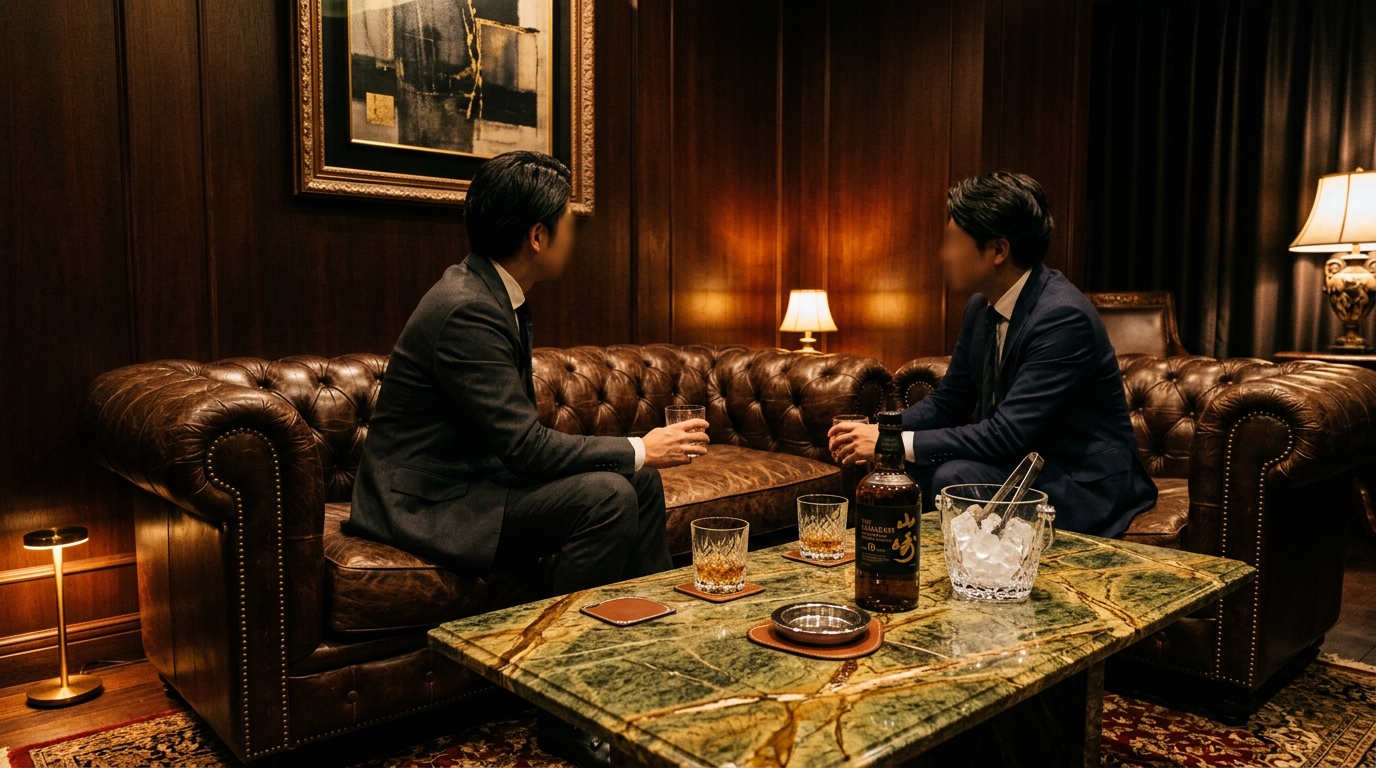 広島流川ラウンジ グランクリュのVIPソファ席。全国の社長会や役員視察、ゴルフ前夜祭の2次会に最適な上質空間。