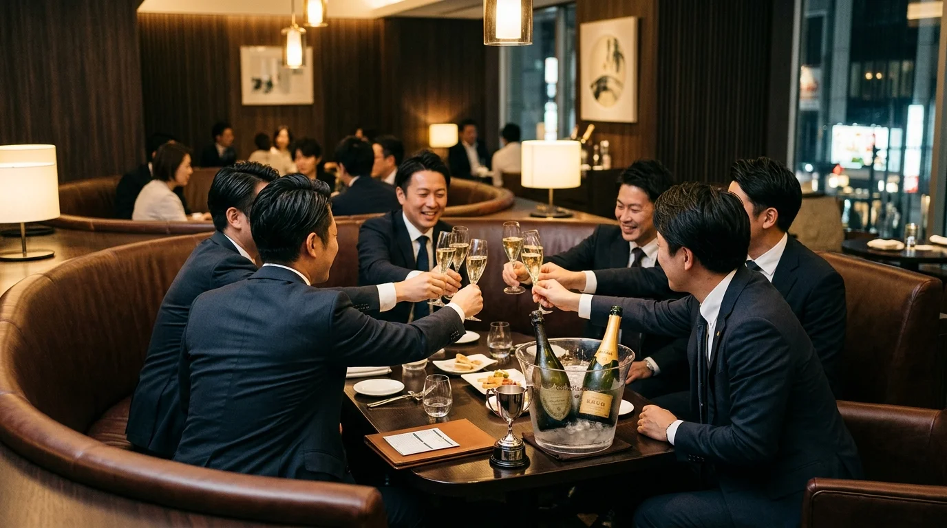広島流川の高級ラウンジ グランクリュでゴルフコンペ表彰式とトロフィー授与の二次会でシャンパントーストを交わすビジネスエグゼクティブと上品なキャスト陣